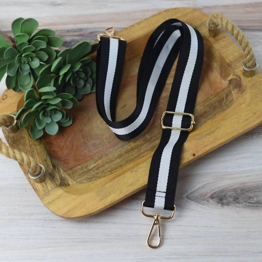 NEW LAUREN LANE preppy stripe adjustable crossbody bag purse guitar strap in bla